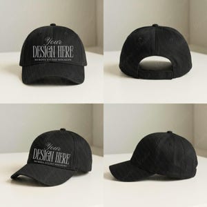 Puede incluir: Una gorra de béisbol negra con un sutil patrón de rayas. El panel frontal presenta el texto blanco "YOUR DESIGN HERE" y "MYROVA STUDIO MOCKUPS". La gorra tiene una visera curva, una corona estructurada y una correa ajustable en la parte posterior.