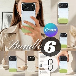 Op de afbeelding: Een bundel van zes telefoonhoesjes. Elk hoesje heeft een witte bovenkant, een lichtgroene onderkant en een zwart camera-gedeelte. Het woord "Bundle" is in cursief geschreven en het nummer "6" is vetgedrukt. Het Canva-logo is ook zichtbaar.