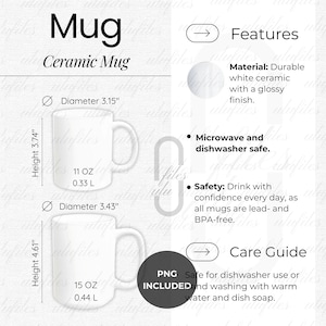 Ceramic Mug Chart Guide 11 oz 15 oz Coffee Mug PNG Mockup Key Features Product Details Care Instructions Ceramic Mug Care Card Pod 11 15 oz