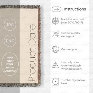Puede incluir: Una manta tejida con rayas verticales beige y crema, con instrucciones de cuidado y opciones de tipo de archivo JPG y PNG. La manta tiene flecos y la frase "Product Care" está escrita en ella. La manta tiene una paleta de colores neutros.