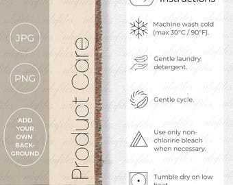 May include: A woven blanket with a neutral color palette, featuring vertical stripes in beige and cream. The image includes care instructions and file type options like JPG and PNG. The blanket has a fringed edge and the words "Product Care" are displayed.