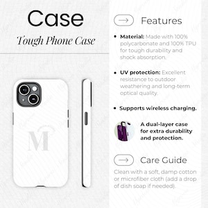 May include: A white tough phone case featuring the letter "M". The image shows the case from different angles. The case is made of polycarbonate and TPU for durability and shock absorption. It also offers UV protection and supports wireless charging.