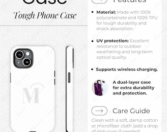 モダンで頑丈なスマホケースのモックアップ、スマホケースの主な特徴一覧、iPhone製品の詳細、お手入れガイド、Printifyケース情報、ミニマリストPODテンプレート