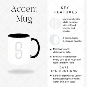Détails du produit : Mug Accent, Tableau des mugs Accent, Mug à café au format PNG, Maquette de mug Accent, Caractéristiques principales, Instructions d'entretien, Carte d'entretien
