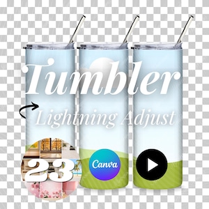 Puede incluir: Tres vasos de acero inoxidable con tapas y pajitas. Los vasos tienen un diseño azul claro y verde con la palabra "Tumbler" en blanco. El texto "Lightning Adjust" también es visible. Un logotipo de Canva y un botón de reproducción también están presentes.