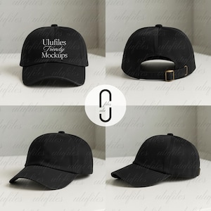 Puede incluir: Gorra de béisbol negra con visera curva y correa ajustable. La gorra presenta el texto "Ulufiles Trendy Mockups" en blanco. Se muestran varias vistas de la gorra, incluyendo vistas frontal, trasera y lateral.