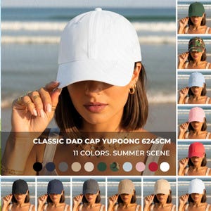 Puede incluir: Una gorra blanca Classic Dad Cap de Yuupong. La gorra está hecha de una tela texturizada y tiene una visera curva. La imagen muestra la gorra en varios colores. El texto en la imagen dice "11 colores. Escena de verano."