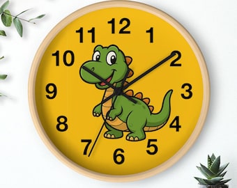 Cartoon Dinosaur Wall Clock: Kids Nursery Decor, Wooden Frame