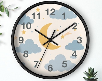 Moon and Stars Nursery Clock: Silent, Non-Ticking Kids Room Decor