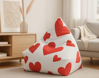 Bean Bag Chair Cover | Red Heart Pattern | Cozy Kids Seat