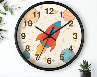 Reloj de pared con cohete: decoración para habitación infantil con temática espacial (sin tictac)