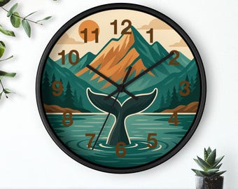 Mountain Whale Tail Wall Clock: Nature Adventure Coastal Decor