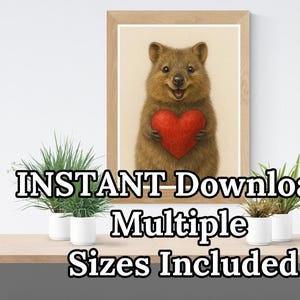 Arte de pared imprimible: Lindo Quokka con un corazón. Dibujo realista de animal, descarga digital A4. Póster de Quokka feliz para habitación infantil o regalo.