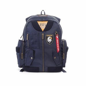 May include: A navy blue backpack with multiple pockets and a front zipper design. Features a patch with an eagle and the word "AIRBORNE". Includes a red tag that says "REMOVE BEFORE FLIGHT".