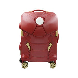 May include: Red rolling suitcase with gold accents, resembling Iron Man's armor. Features a white circular emblem on the front, a top handle, and two wheels. The suitcase is designed with a textured surface and is suitable for travel.