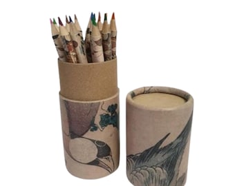 Wood Stationary ,British Museum Coloring Pencil Set, Pack of 18– Japanese Hokusai Design| Smooth Writing Drawing Pigmented