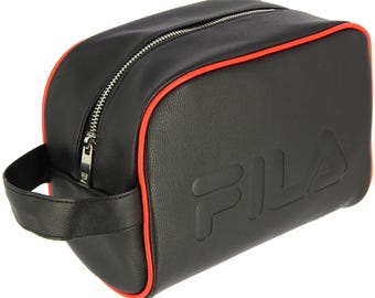 Genuine Fila Washbag Black- Small Travel Size Hanging Toiletry Gym Bag with Side Handle Zipper Pocket Gift for Mom Dad Him Her