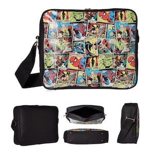 May include: Black messenger bag featuring a collage of comic book panels with Marvel superheroes like Spider-Man, Hulk, and Thor. The bag has a black shoulder strap and a zippered closure. Additional views show the bag's back, interior, and bottom.