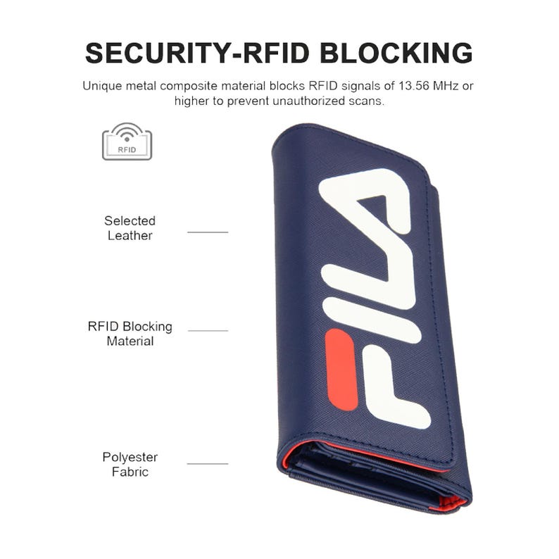Pu&ograve; includere: Portafoglio blu navy con il logo "FILA" bianco e rosso. Il portafoglio &egrave; realizzato in pelle selezionata, materiale di blocco RFID e tessuto di poliestere. Il testo "SECURITY-RFID BLOCKING" &egrave; nella parte superiore dell'immagine.