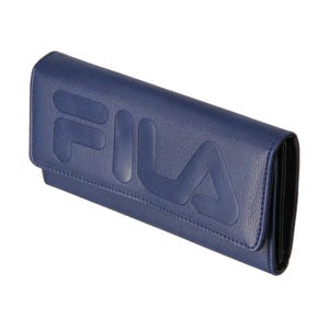 Cartera larga plegable azul MVL Fila para mujer: cartera de piel con bloqueo RFID, ranuras para tarjetas, bolsillo con cremallera, porta pasaporte y cierre a presión.