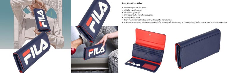 Pu&ograve; includere: Portafoglio blu navy con logo FILA bianco e rosso. Il portafoglio ha un interno rosso e una chiusura a scatto. Il portafoglio &egrave; mostrato in pi&ugrave; viste, inclusa una aperta.