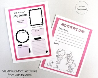 Mother's Day Printable, All about my Mom, Kid's Printable for Mom, Happy Mother's Day, Instant Download, Classroom Activity, Kids Activity