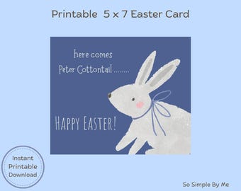 Tarjeta de Pascua imprimible, descarga digital instantánea, Peter Cottontail está en camino, color azul brillante.