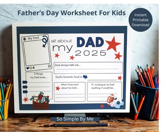 Una divertida hoja de trabajo para el Día del Padre, muy brillante y colorida, para que los niños la regalen a sus papás. Diseño patriótico en rojo, blanco y azul.