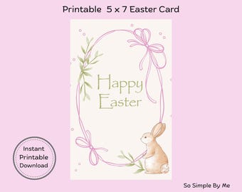 Tarjeta de Pascua imprimible a todo color, lazos rosas con un conejito adorable, descarga instantánea.