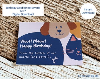 Tarjeta imprimible para amantes de las mascotas, feliz cumpleaños de tus mascotas, tarjeta de cumpleaños de descarga instantánea, cumpleaños imprimible de tu gato y perro.