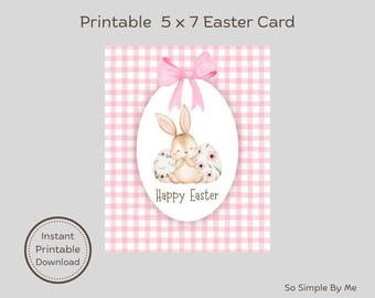 Tarjeta de Pascua imprimible, en un suave color rosa primaveral con un conejito adorable, descarga instantánea, tarjeta perfecta para los más pequeños.