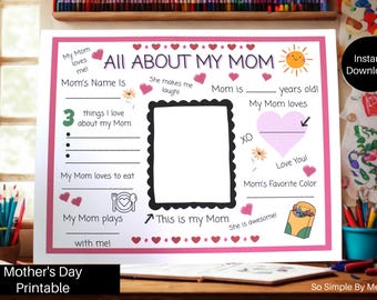 Una hoja de trabajo especial "Todo sobre Mamá" para que los niños la regalen a sus mamás. Imprimible para el Día de la Madre, un Feliz Día de la Madre o un regalo de último minuto.