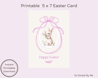 Tarjeta de Pascua imprimible, Tarjeta de Feliz Pascua, Rosa con lazos y un dulce conejito