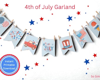 Guirnalda imprimible del 4 de julio, pancarta patriótica, decoración del 4 de julio, guirnalda del 4 de julio para niños, guirnalda roja, blanca y azul.