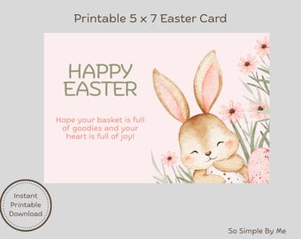 Tarjeta de Pascua imprimible, conejito de Pascua adorable, colores suaves de primavera, tarjeta de Feliz Pascua con un dulce mensaje.