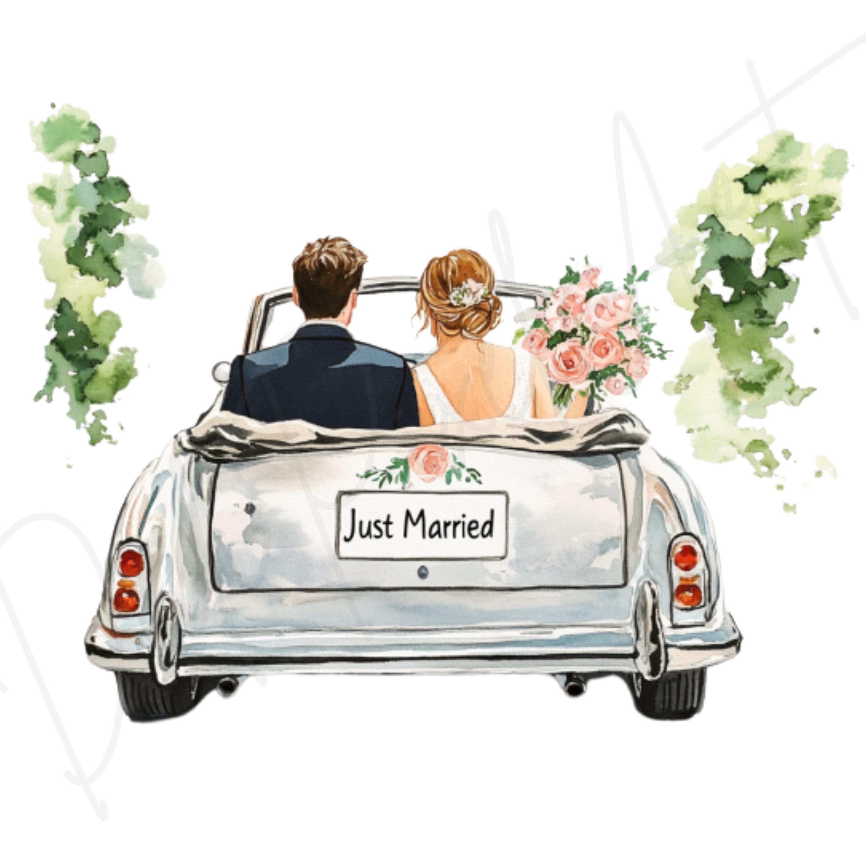 Just Married Car Clipart: Bride and Groom Watercolor (digital Download ...