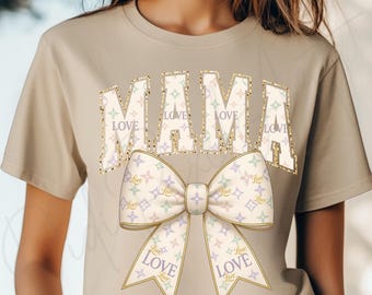 Coquette Bow Mama PNG: Varsity Font Shirt Design (Digital Download)