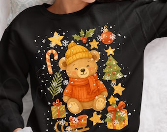 May include: Black sweatshirt with a Christmas-themed design. A teddy bear in a yellow hat, orange scarf and sweater is surrounded by stars, snowflakes, a candy cane, a Christmas tree, and wrapped gifts. The design is in a watercolour style.