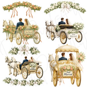 Carrozza nuziale "Just Married" in formato PNG, Clipart di sposi e sposi, Carrozza trainata da cavalli, Acquerello di nozze, Clipart di nozze, Matrimonio romantico in formato PNG