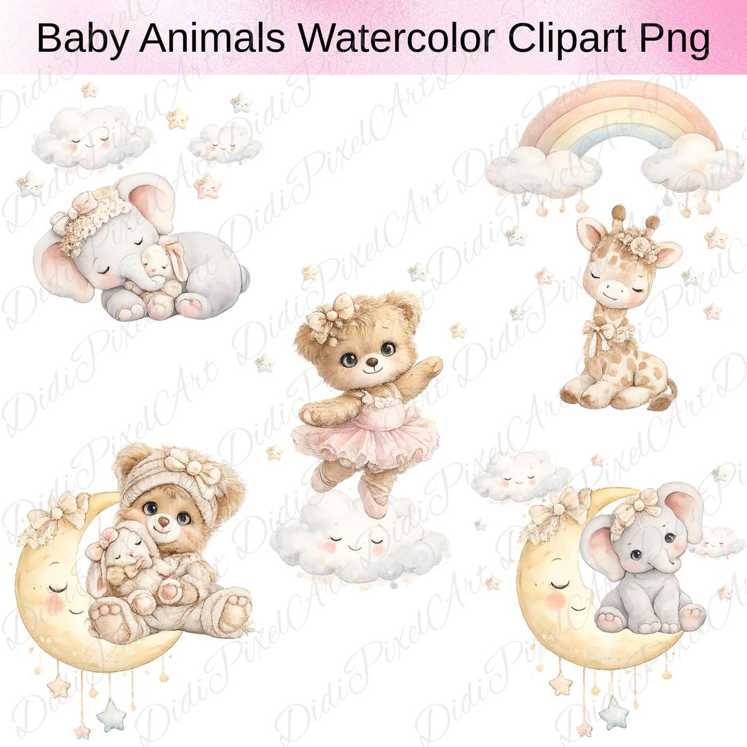 Baby Animals Watercolor Clipart | Boho Nursery Decor (PNG Bundle) - Etsy