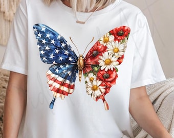 American Flag Butterfly PNG: Watercolor Poppy & Daisy Design (Digital Download)
