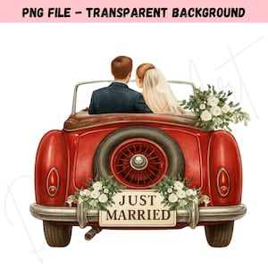 Gerade verheiratet Auto mit Braut und Bräutigam Clipart, PNG & JPG, digitaler Download, druckbare Aquarell Clipart, Papiermodelle, Hochzeitsauto, Liebe Png