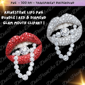 Może przedstawiać: Dwa obrazy clipart PNG z kryształowymi ustami. Jeden jest czerwony, drugi srebrny. Oba mają diamentowe akcenty i diamentowy naszyjnik. Tekst na obrazie brzmi "RHINESTONE LIPS PNG BUNDLE | RED & DIAMOND GLAM MOUTH CLIPART |".