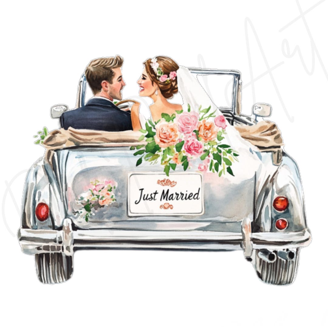 Just Married Car Clipart: Bride and Groom Watercolor (digital Download ...