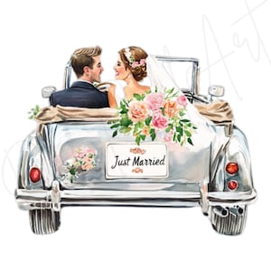Just Married Car with Bride and Groom Clipart, PNG & JPG, Digital Download, Printable Watercolor Clipart, Paper Crafts, Wedding Car,Love Png