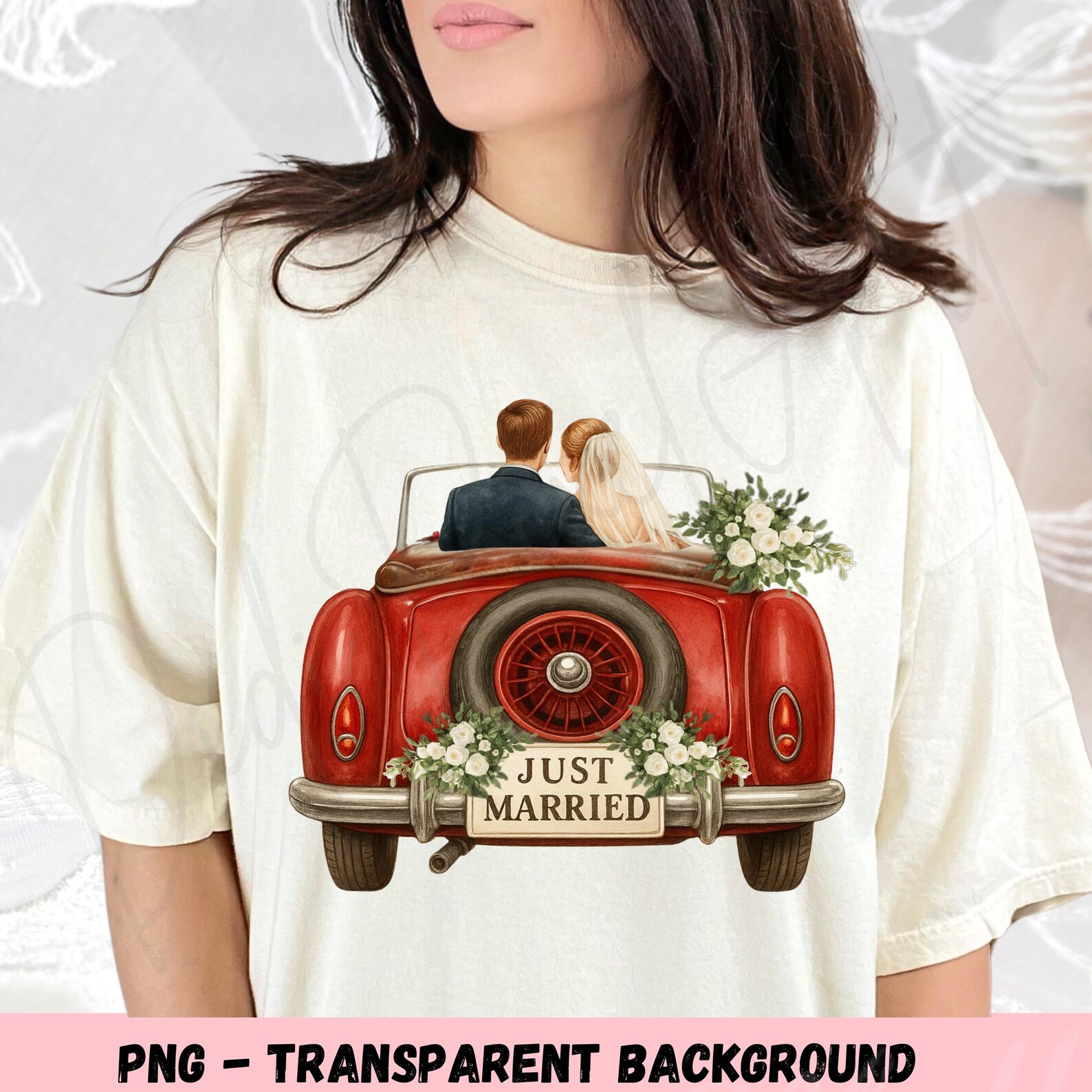 Just Married Car Clipart: Watercolor Bride & Groom PNG, JPG (digital ...