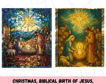 ステンドグラスのキリスト降誕物語のクリップアート 即時ダウンロード