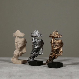 Abstract Silence is Gold Statue: Handmade Resin Hand Face Sculpture