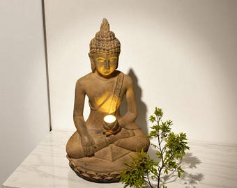 Inspirowana zen figura Buddy słonecznej – ręcznie wykonana żywica do ogrodu i przedpokoju – luksusowa podświetlana ozdoba zewnętrzna