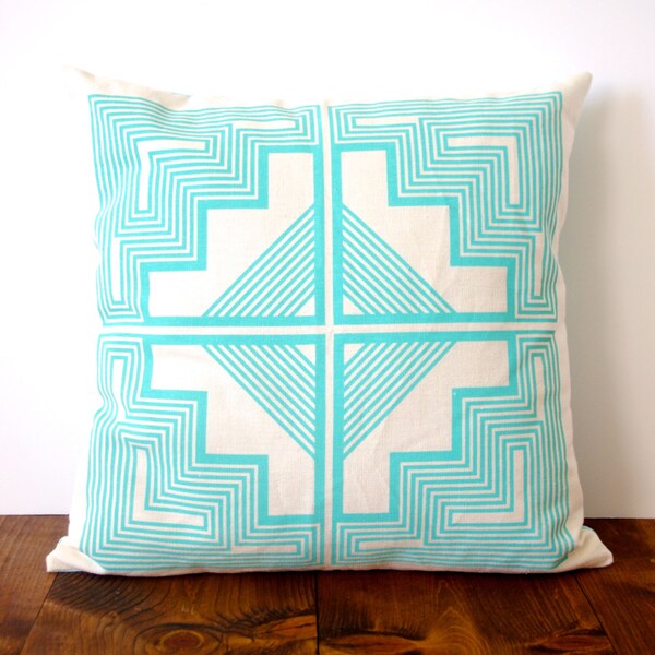 SALE // Native Quilt Pillow - Ocean / Turquoise / Blue - Screen Printed Organic Cotton